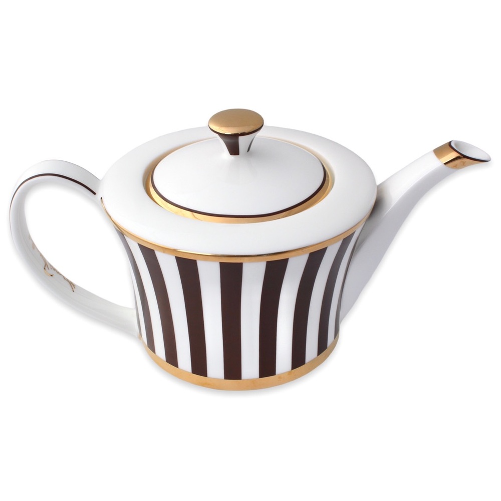 Henri Bendel Striped Teapot Brown White & Gold Bone China Centennial Stripe
